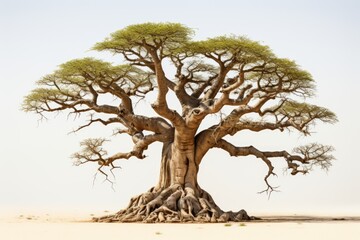 majestic baobab tree: captivating macro shot of thick trunk and sparse foliage on white background