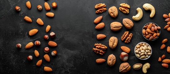 Aufkleber - Various nuts displayed on black backdrop, offering a nutritious snack option. Overhead perspective with room for text or images. Copy space image. Place for adding text and design
