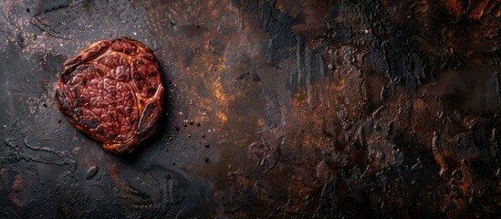 Poster - Top view of steak cooking on dark surface with copy space image.