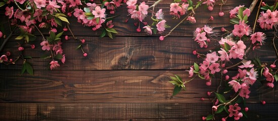 Poster - Elegant flower-filled branches set against a wooden backdrop make for a charming copy space image.