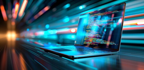 Poster - A laptop with software development and coding concepts