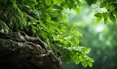 Wall Mural - Vibrant Macro Close-up of Lush Rainforest Tree with Green Leaves and Textured Bark on White Background