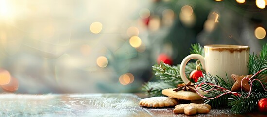 Fototapete - Christmas tree branch, cookies, and a cup of mulled wine against a blurry background with copy space image.