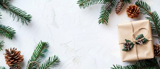 Poster - Christmas-themed background featuring a gift box, pine branch, and cone on a white backdrop. Top view with a prominent empty space for text or other elements in the image. Copy space image