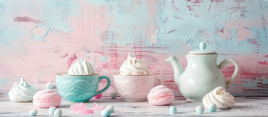 Poster - Close-up shot of pastel-hued meringues with cups and a jug on a light textured wood backdrop, evoking a cozy breakfast setting, with a soft and tender ambiance, allowing for a copy space image.