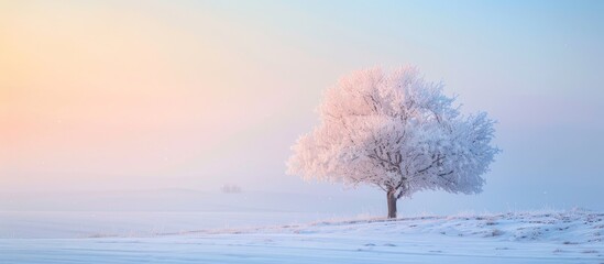 Fototapete - Winter landscape featuring a tree highlighted with rime ice frost against the light, perfect as a copy space image.