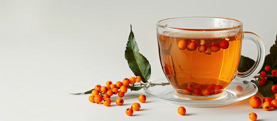 Poster - A glass cup filled with sea buckthorn tea mixed with orange and honey against a white background provides ample copy space image.