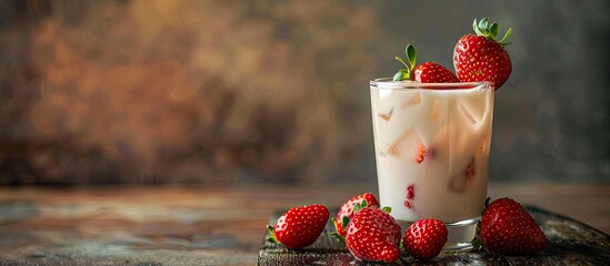 Poster - Milk cocktail with strawberry on a wooden surface with copy space image.