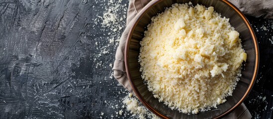 Poster - Top-down shot of grated Parmesan in a bowl with a copy space image available.