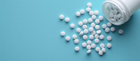 Aufkleber - White round pills spilled from a container on a blue backdrop, fitting a medical theme with mentions of disease treatment, health, and pharmacy. Perfect for adding text. Copy space image