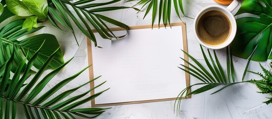 Poster - Top view of a summer outdoor scene with a blank white paper list, coffee, and tropical elements, suitable for a copy space image.