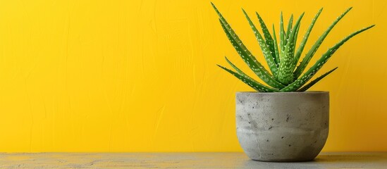Poster - Succulent aloe vera in a concrete pot on a vibrant backdrop with copy space image.