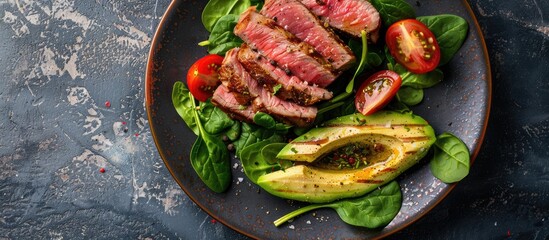 Aufkleber - Plate with meat, spinach, and avocado; copy space image.