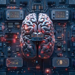 Poster - futuristic brain control center with digital interfaces and screens