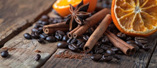 A close-up image featuring fragrant spices like cinnamon sticks, star anise, coffee beans, and dried orange arranged in a cross shape on a kitchen table with copy space image.