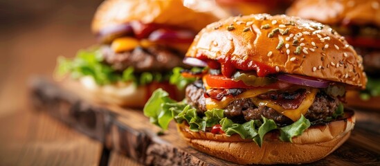 Poster - Close-up side view of homemade cheeseburgers on a wooden board with copy space image available.