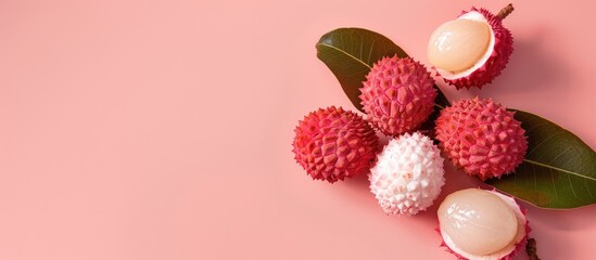 Aufkleber - Flat lay composition of a lychee on a pink background with copy space image available.