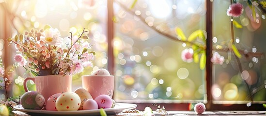 Fototapete - Easter-themed table setting with a blurry window backdrop, decorated with eggs and flowers, creating a perfect copy space image for your product.