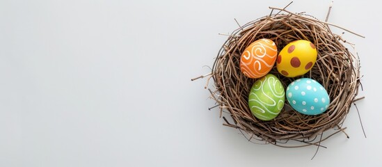 Fototapete - Artificial bird nest holds painted chicken eggs resembling Easter eggs on a white background. Top view angle showcasing Easter theme with copy space image.