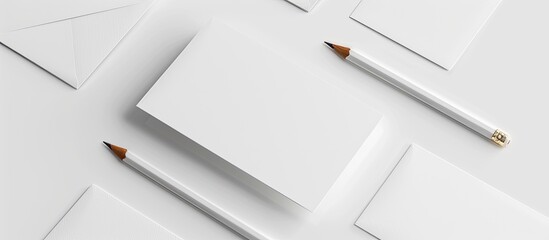 Poster - Mockup copy space image featuring blank business cards arranged alongside a pencil on a white background.