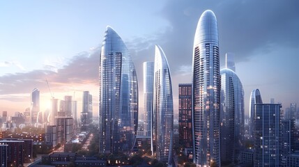 Poster - Sleek and Futuristic Skyline of a Modern Metropolis at Sunset