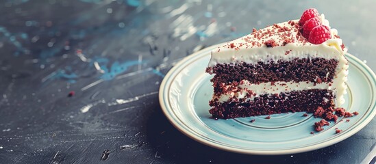 Poster - A slice of cake sits on a plate with a blank space for additional uses.