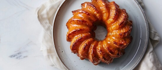 Poster - A salted caramel croffle is displayed on a gray plate against a white backdrop with copy space image.