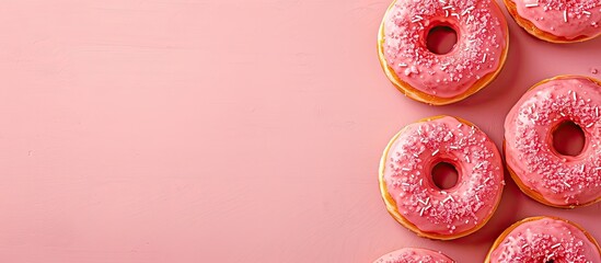 Poster - Five coral donuts with icing arranged neatly on a pink background captured from above with copy space image available for text.