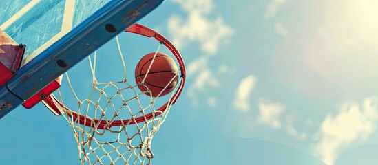 Sticker - A ball soaring and dropping into a basketball hoop in a low angle view, allowing for a copy space image.