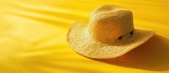 Poster - Straw hat on a sunny yellow backdrop with a matching mat, ideal for showcasing text or images in a summer accessories theme. Copy space image. Place for adding text and design