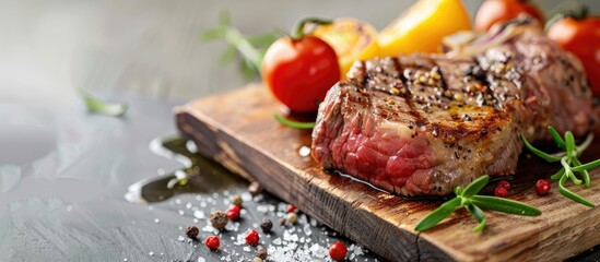 Poster - Fresh meat Steak on cutting board with vegetables and herbs - selected focus in a ready-to-cook copy space image.