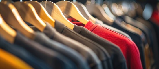 Poster - Close-up image of clothes on hangers in wardrobe with copy space image.