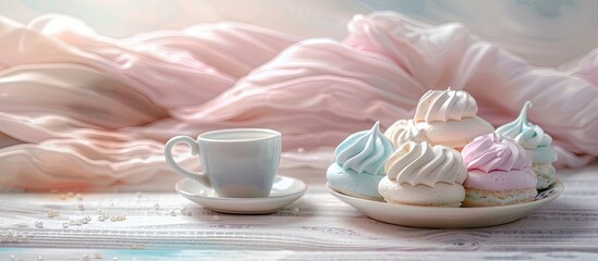 Poster - Close-up shot of pastel-hued meringues with cups and a jug on a light textured wood backdrop, evoking a cozy breakfast setting, with a soft and tender ambiance, allowing for a copy space image.