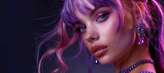 Wall Mural - Fashionable woman with a stylish fringe hairstyle dyed purple, accessorized with violet jewelry including crystals necklace and earrings