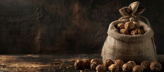 Aufkleber - Dark and moody shot featuring a sack of walnuts with space for adding text or images. Copy space image. Place for adding text and design