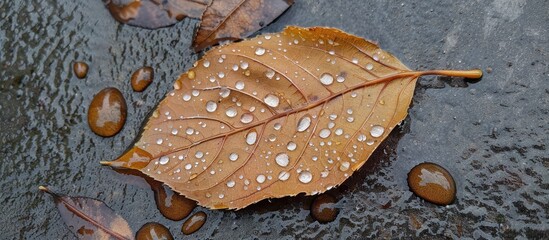 Poster - A solitary brown leaf with rain droplets enhancing its veins, set against a damp path, provides a striking image with copy space.