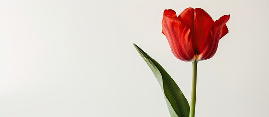 Poster - A single vibrant red tulip on a white backdrop with copy space, ideal for celebrations and home decor with striking red spring blooms.