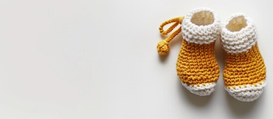 Poster - Knitted baby booties displayed on a white background with a banner indicating 'copy space image.' Handcrafted with crochet techniques.
