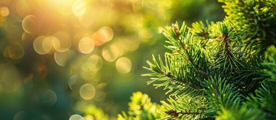 Sticker - Capture a close-up view of fresh green coniferous tree shoots basking in the sunlight of a summery day, against a blurred backdrop of coniferous needles, with available copy space in the image.