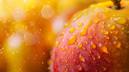 Sticker - Close-up of a fresh peach covered with water droplets, highlighting its vibrant color and juicy texture.