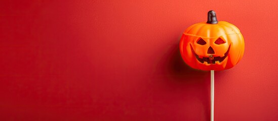 Poster - A pumpkin-shaped wooden skewer for Halloween displayed on a red background with a copy space image.