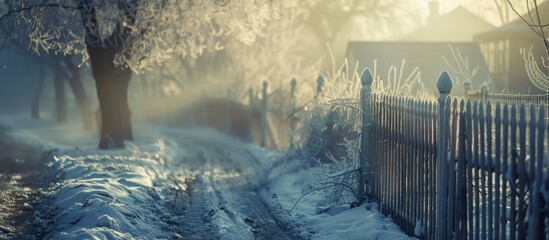 Canvas Print - Winter street with a vintage fence covered in frost in a haze, ideal for copy space image.