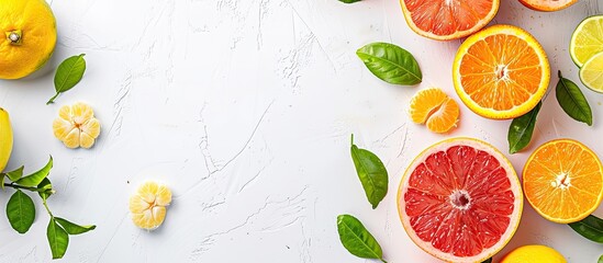 Aufkleber - Fresh and vibrant citrus fruits like grapefruit, orange, tangerine, and lemon creatively displayed on a white background with copy space image in a flat lay style viewed from the top.