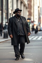 Poster - Fat black man fashion overcoat standing walking.