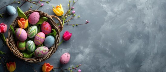 Fototapete - Colorful Easter eggs and tulips in a basket on a gray background seen from above, with space for text or images. Copy space image. Place for adding text and design