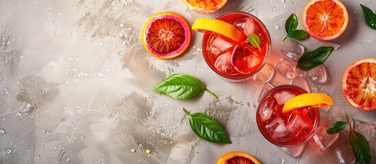 Aufkleber - An overhead flat lay image of Negroni cocktails featuring blood oranges, with space for text. Copy space image. Place for adding text and design