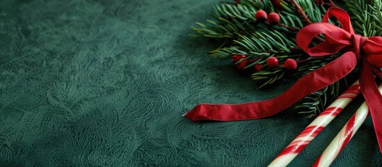 Aufkleber - A Christmas-themed arrangement with sugar canes, a red ribbon, on a green surface, implying a festive atmosphere, perfect for a copy space image.