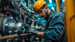 © MAY - A technician in a facility, carefully examining a piece of equipment under bright industrial lights, with various tools and devices in the background.