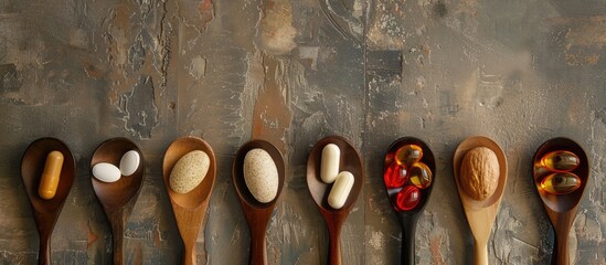 Aufkleber - Nutritional supplements displayed in wooden spoons on a textured backdrop with a multivitamin complex for daily use, supporting immunity, with room for text or logos in the image. Copy space image
