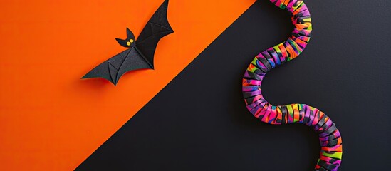 Sticker - Colorful worms and a paper bat on an orange and black background with copy space image.